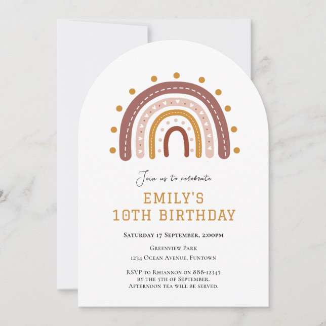 Boho Rainbow 10th birthday invitation (Devant)