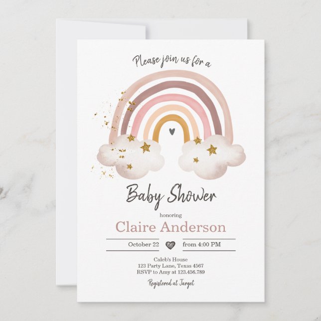Boho Rainbow Baby shower Invitation Girl Rustique (Devant)