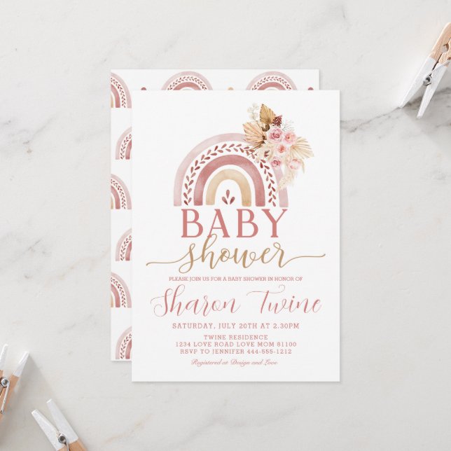 Boho Rainbow Baby shower Invitation Pampas Grass (Devant/Arrière en situation)