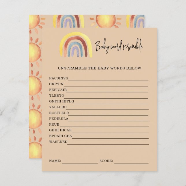 Boho Rainbow Baby Word Scramble | Jeu Baby shower (Devant / Derrière)
