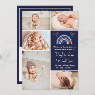 Boho Rainbow Boy Faire-part de naissance bleu mari