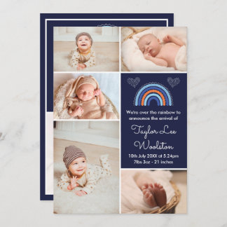 Boho Rainbow Boy Faire-part de naissance bleu mari