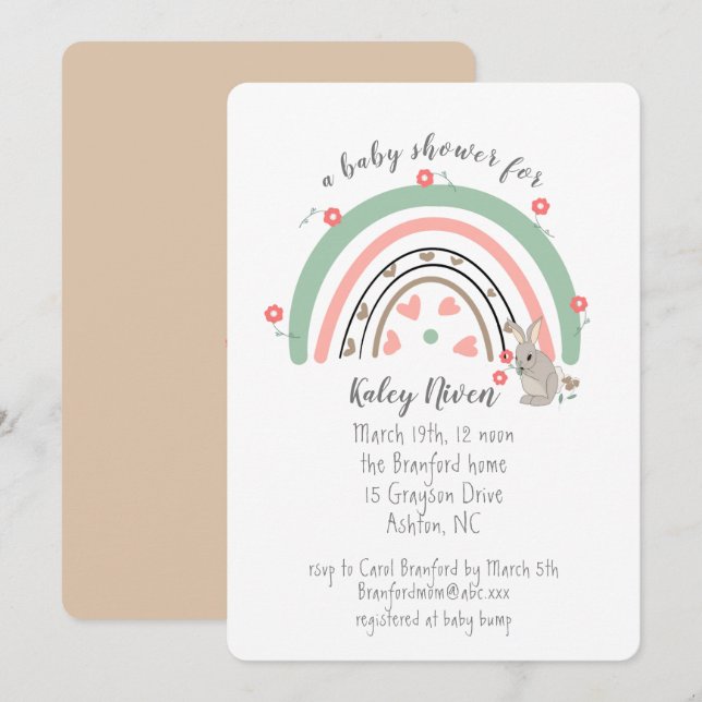 Boho Rainbow Bunny Baby shower Invitation (Devant / Derrière)