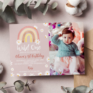 Boho Rainbow Daisy 1er Anniversaire Invitation