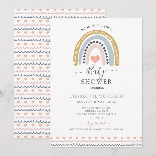Boho Rainbow Et Coeurs Baby shower Invitation (Devant / Derrière)