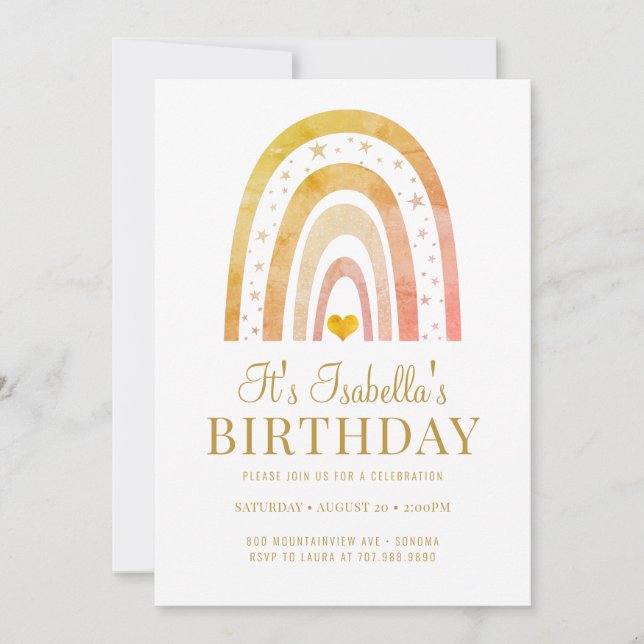 Boho Rainbow Gold Invitation de fête d'anniversair (Devant)