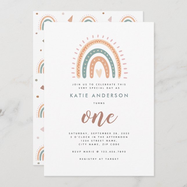 Boho Rainbow Pastel Première Invitation d'annivers (Devant / Derrière)