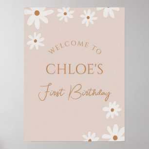 Boho Retro Brown Daisy Poster de bienvenue