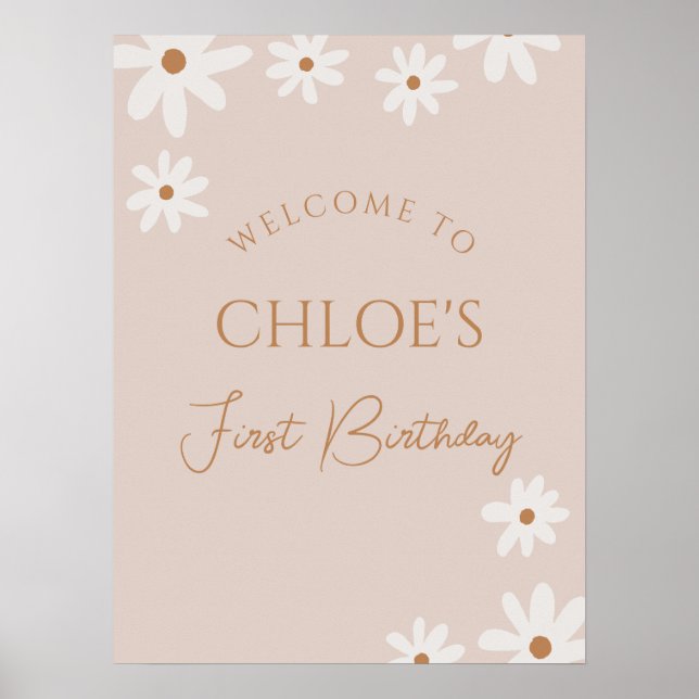 Boho Retro Brown Daisy Poster de bienvenue (Devant)