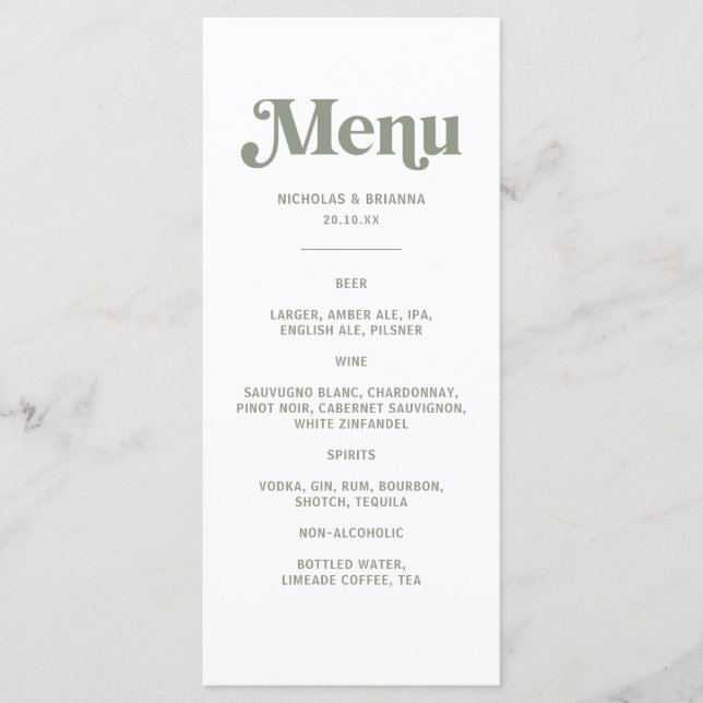 Boho Retro Sage Green Wedding Drinks Menu (Devant)