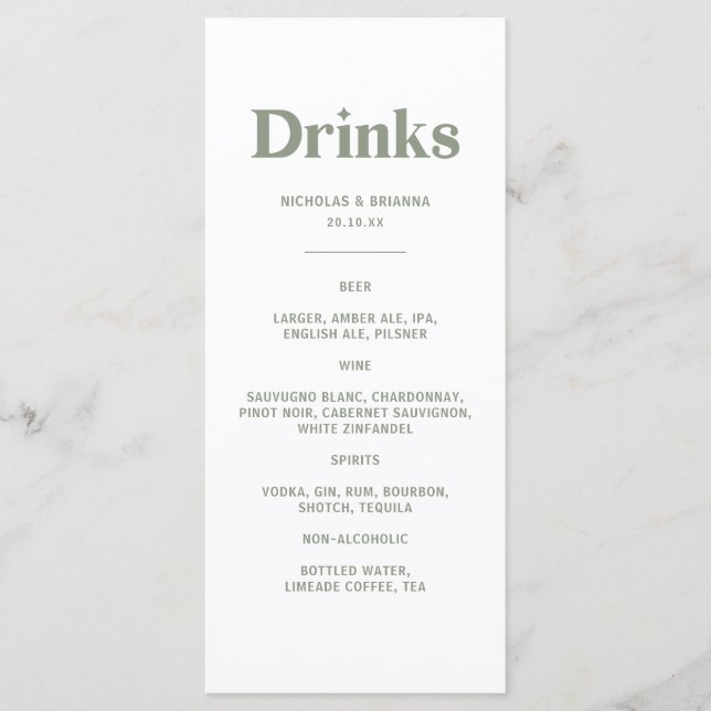 Boho Retro Sage Green Wedding Drinks Menu (Devant)