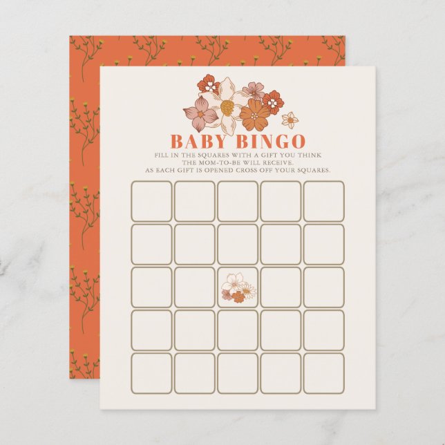 Boho Retro Super Floral Baby shower Jeu de Bingo (Devant / Derrière)
