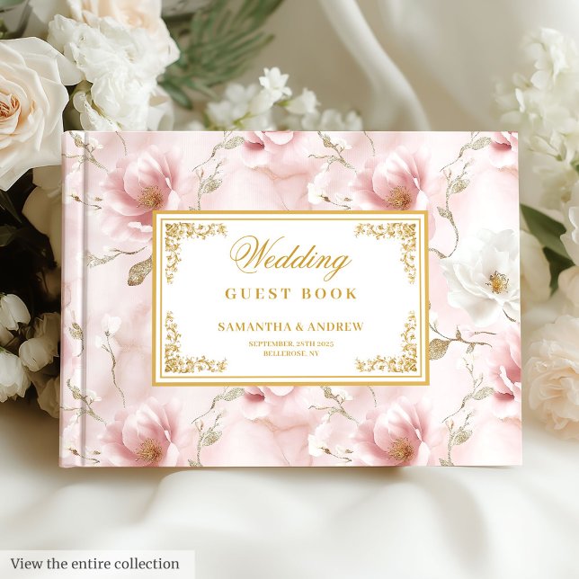 Boho romantique dusté or rose mariage livre d'hôte (Romantic boho dusty pink gold wedding guest book)