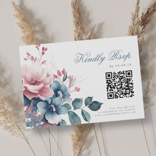 Boho romantique Dusty Blue Floral Wedding RSVP QR