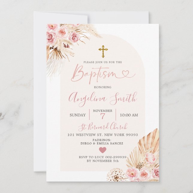 Boho Rose Arc Floral Baptême Invitation (Devant)