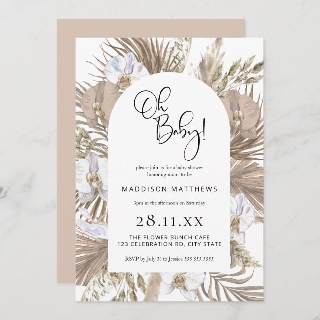 Boho rose Arc Floral Oh Baby shower Invitation (Devant / Derrière)