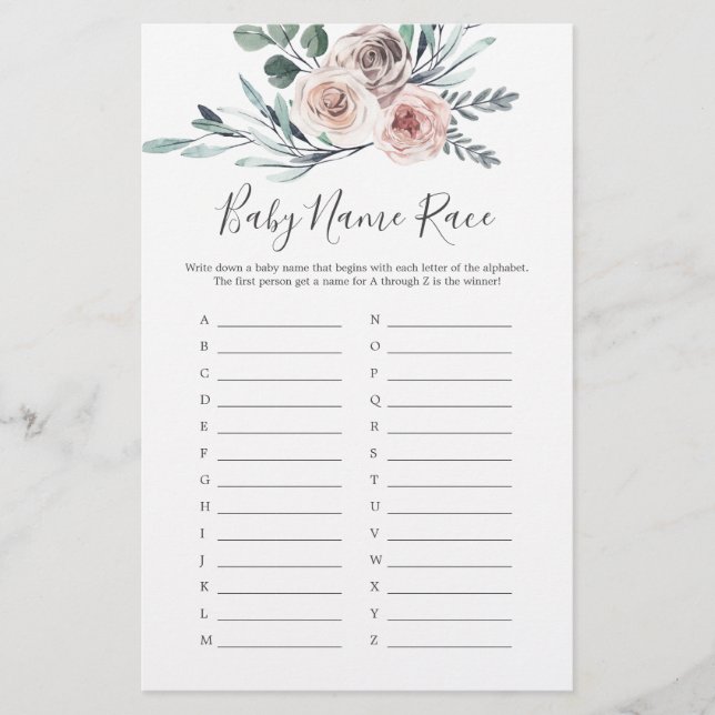 Boho Rose Baby shower Baby Name Race Jeu (Devant)