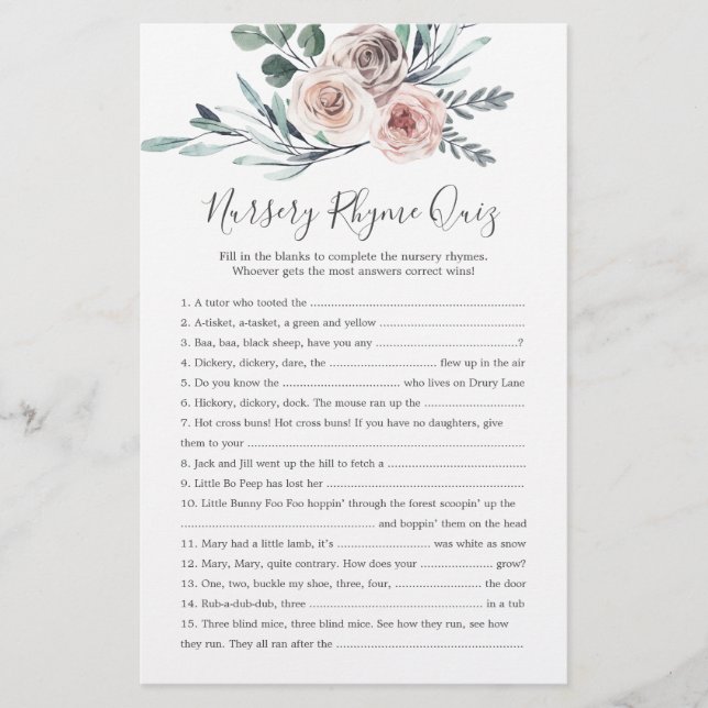 Boho Rose Baby shower Nursery Rhyme Quiz Jeu (Devant)