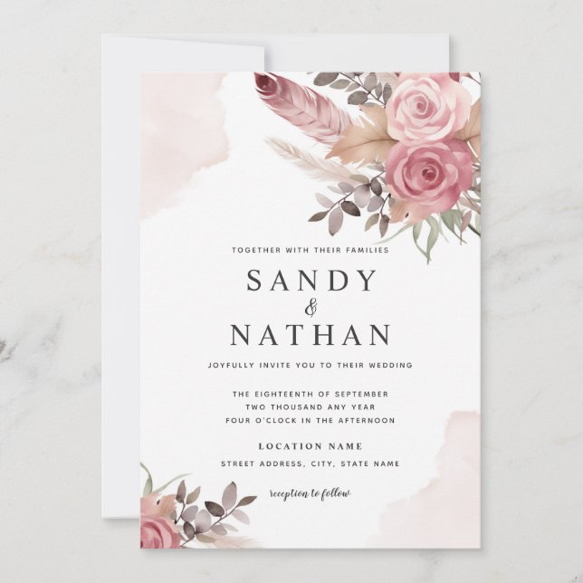 Boho Rose Dusty Faire-part de mariage (Devant)