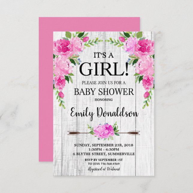Boho Rose Floral Baby shower Invitation Girl (Devant / Derrière)