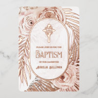 Boho Rose Floral Cross Baptism Foil Invitation