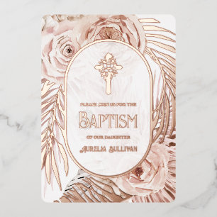 Boho Rose Floral Cross Baptism Foil Invitation