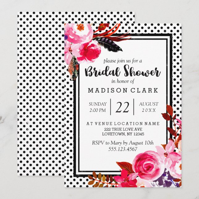 Boho Rose Floral & Dots Bridal Shower Invitation (Devant / Derrière)