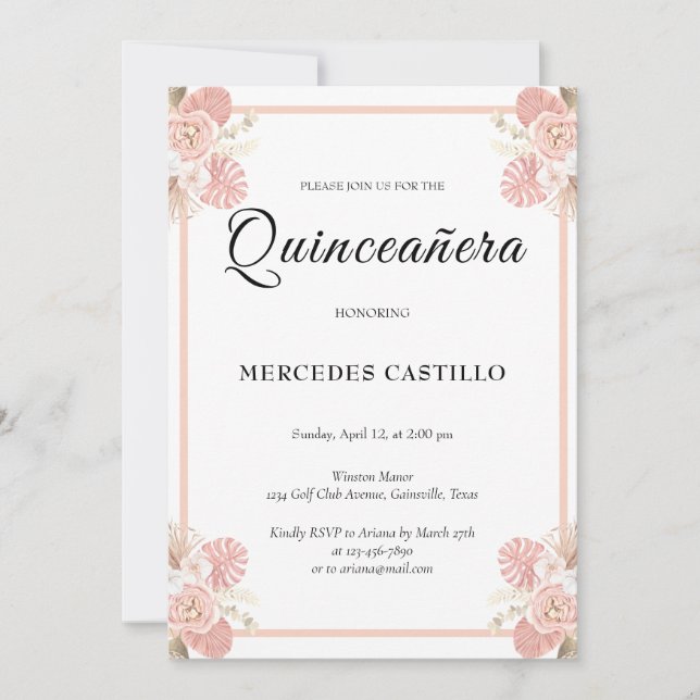Boho rose Floral Wreath Quinceañera Invitation (Devant)