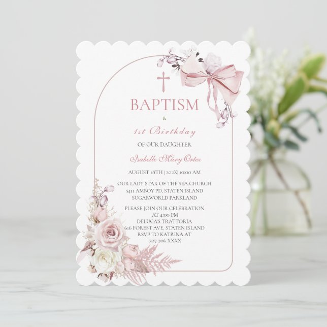 Boho Rose Invitation Baptême Fille Modèle (Debout devant)