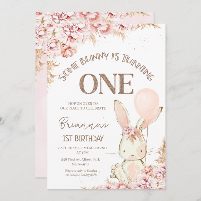 Boho rose lapin floral 1er anniversaire Invitation (Devant / Derrière)
