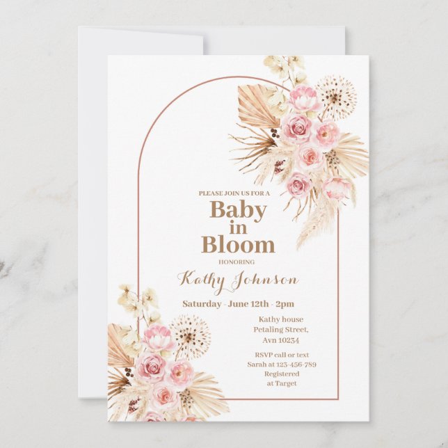 Boho rose Pampas Grass Baby in Bloom Invitation (Devant)