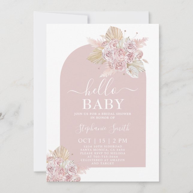 Boho rose Pampas Grass Baby shower Invitation fill (Devant)