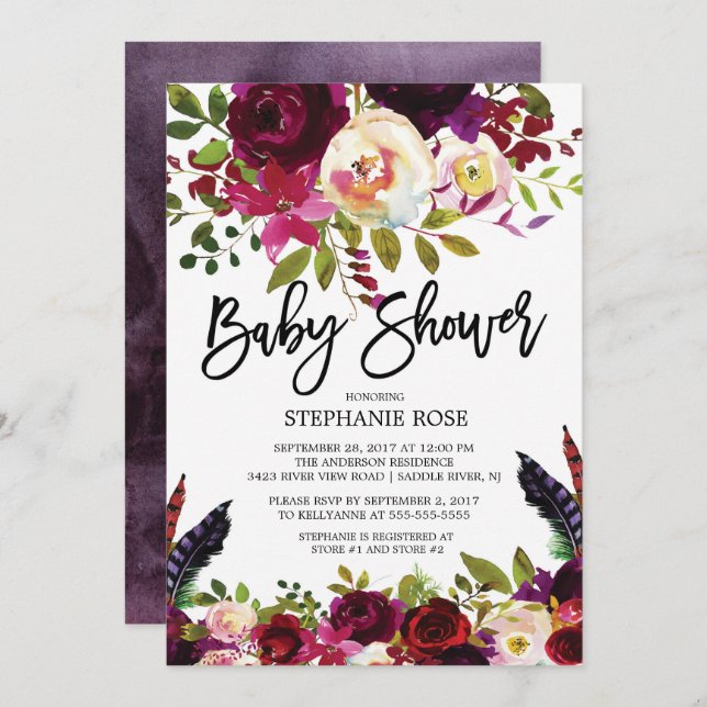 Boho Rose Purple Floral Baby shower Invitation (Devant / Derrière)