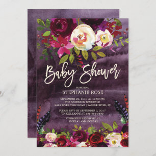 Boho Rose Purple Floral Baby shower Invitation