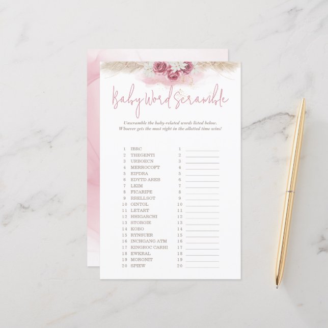Boho Rose Word Scramble Baby shower Jeu (Devant/Arrière en situation)