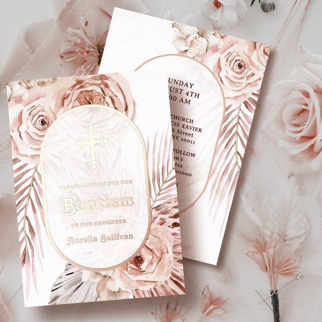 Boho Roses Baptême Foil Invitation (Créateur téléchargé)