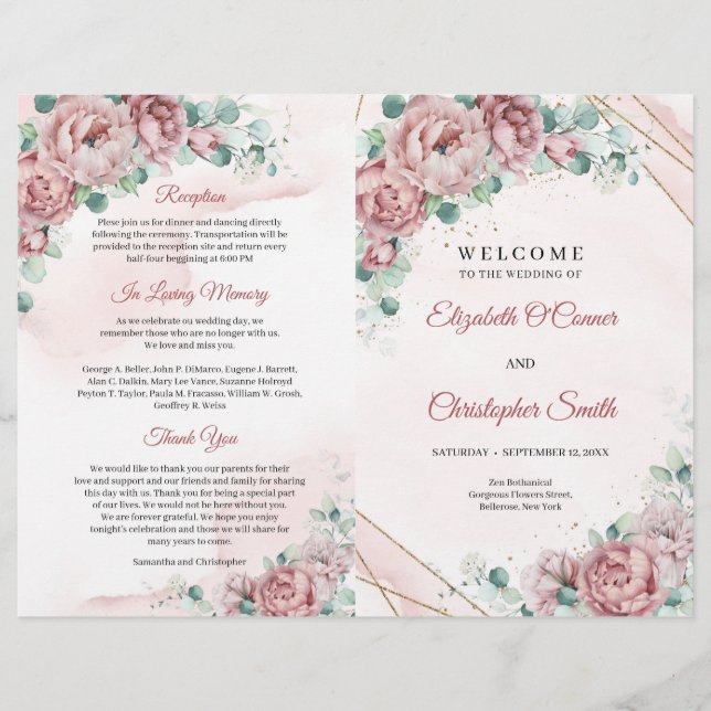 Boho roses rose poussiéreux eucalyptus or plié (Devant)