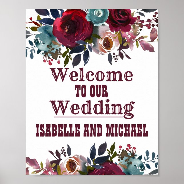 Boho Rustic Bourgogne Floral Mariage Affiche de bi
