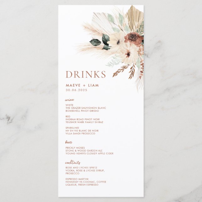 Boho Rustic Pampas Floral Mariage Menu & Boissons (Dos)