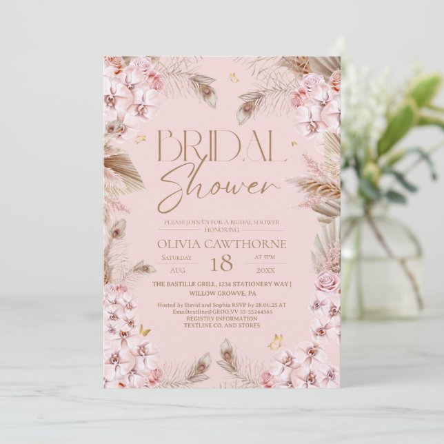Boho Rustic Pink Bridal Shower Invitation (Debout devant)