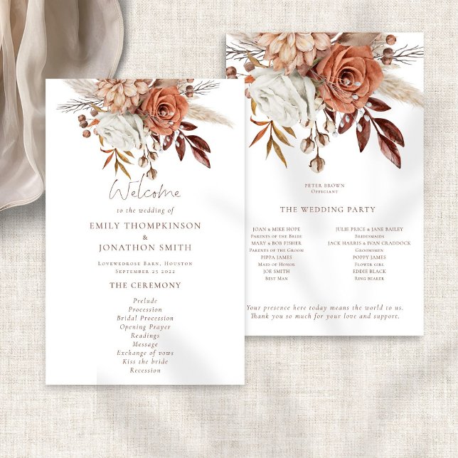 Boho Rustic Terracotta Florals Programme de mariag (Front and back view)