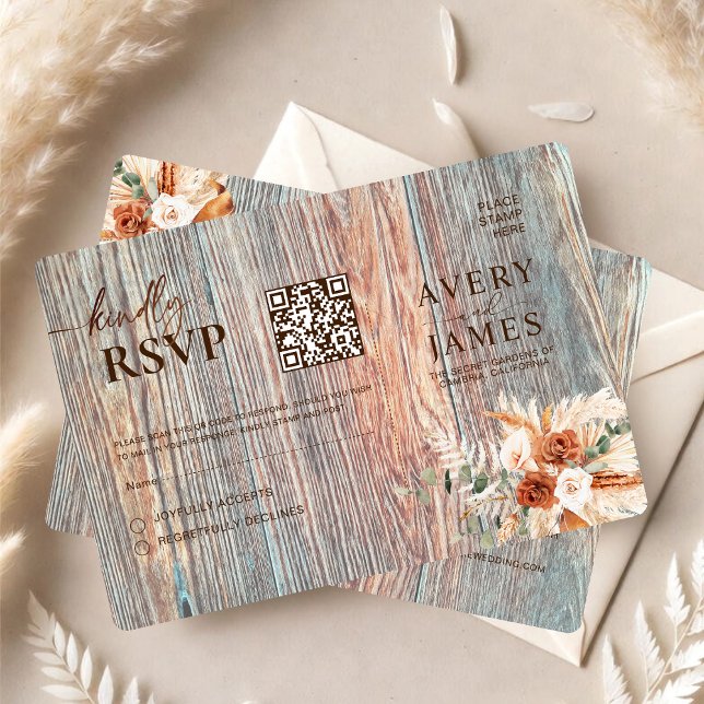 Boho Rustic Wood Grain QR Code RSVP Card (Créateur téléchargé)