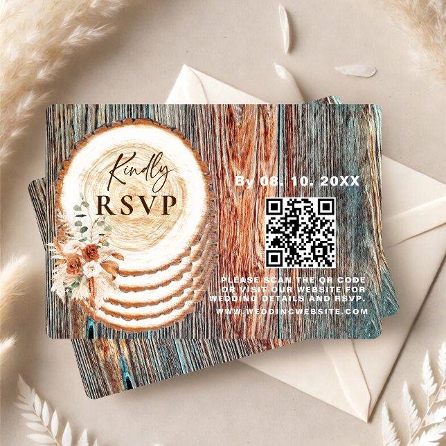 Boho Rustic Wood Slice RSVP Card with QR Code (Créateur téléchargé)