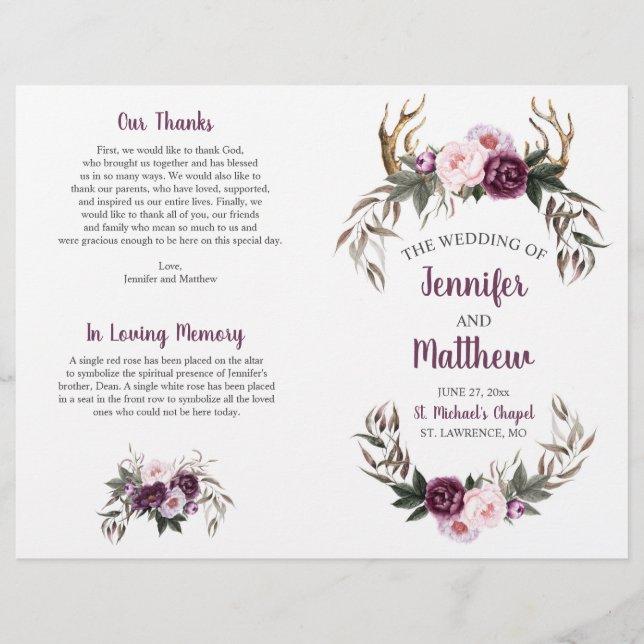 Boho rustique Antlers Plum violet Peonées rose (Devant)