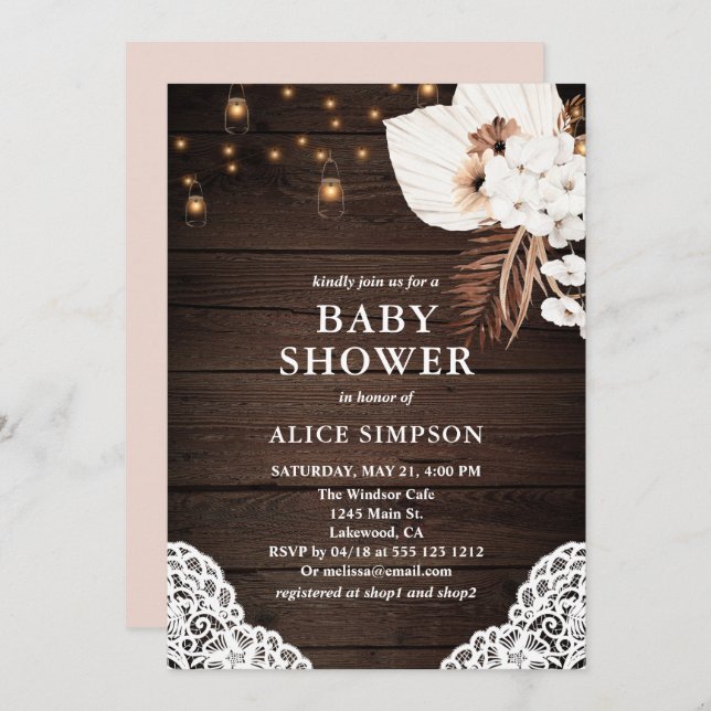 Boho Rustique Beige Floral Baby shower Invitation (Devant / Derrière)