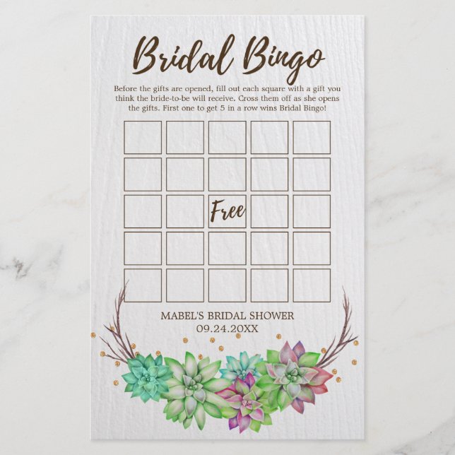 Boho Rustique Floral Succulent Bridal Bingo Jeu (Devant)