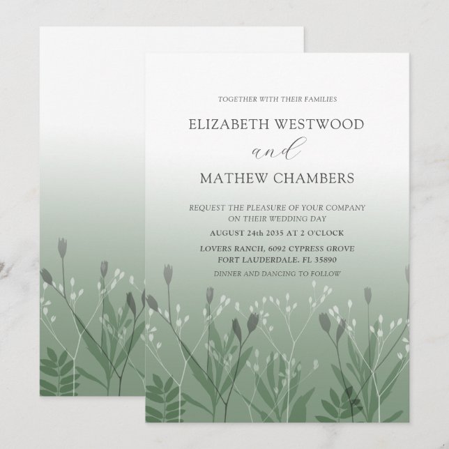 Boho Sage Gree Pressé Faire-part de mariage de feu (Devant / Derrière)