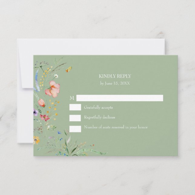 Boho Sage Green Fleur sauvage Wedding Carte RSVP (Devant)