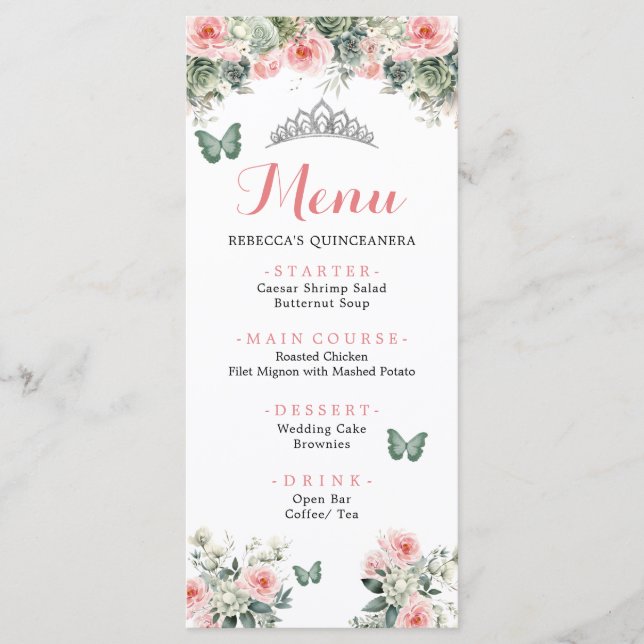 Boho Sage Green Rose Roses Princess XV Años Menu (Devant)