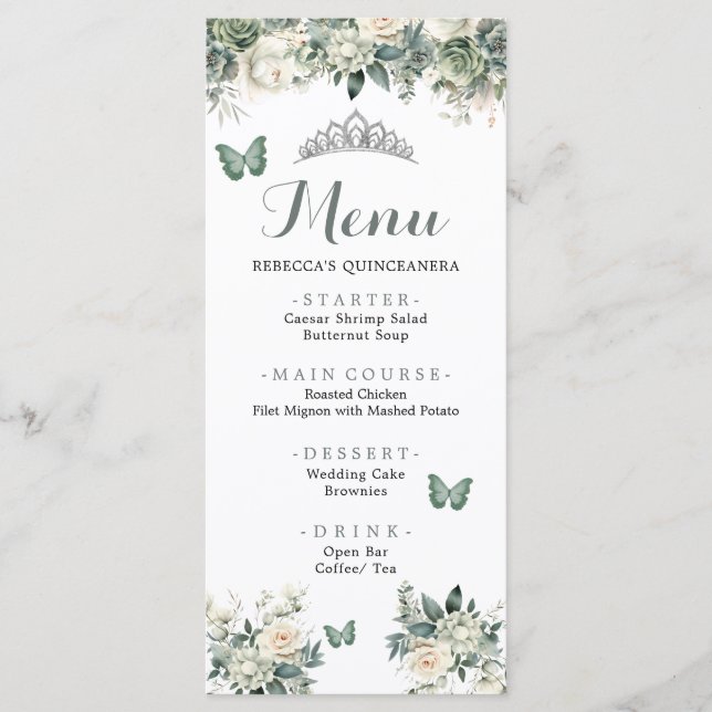 Boho Sage Green Royal Roses Princess XV Años Menu (Devant)